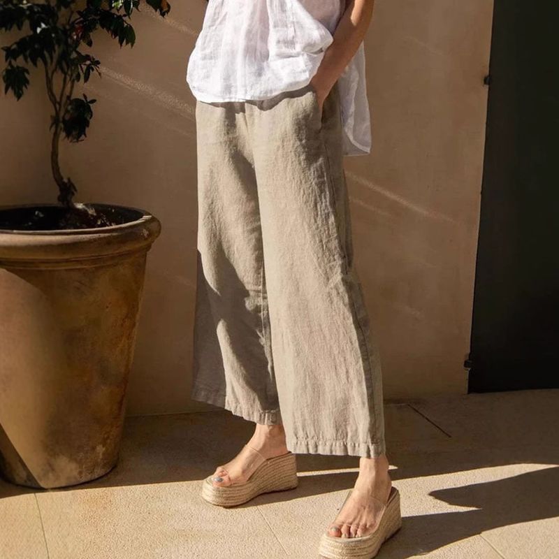 Geeignet für alle Jahreszeiten, lässig, vielseitig, 2025, neue, weite Beine für Damen, Herbst, elastische Taille, schlankmachende gerade Hose aus Baumwolle und Leinen_voghion.com