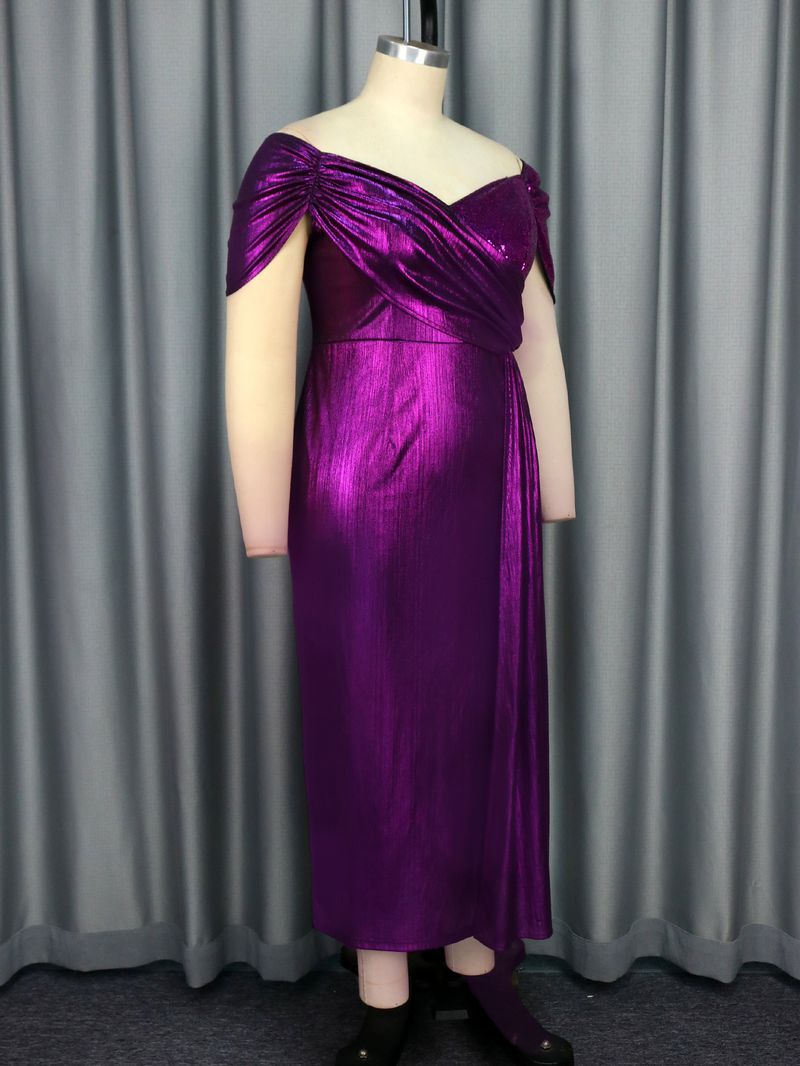 Women's Clothing New Off Shoulder V Neck Banquet Evening Dress Evening Party Pleated Small Sleeve Cover Dresses_voghion.com
