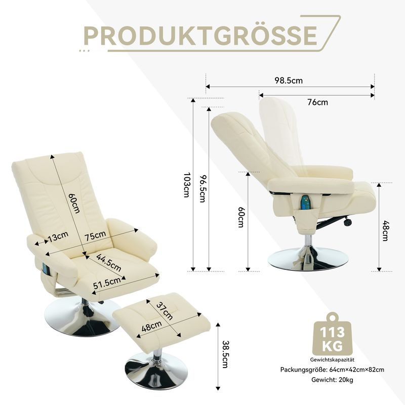 Fauteuil relax inclinable, massage 5 points, chauffage électrique, repose-pieds, pivotant à 360°, fauteuil TV inclinable en cuir PU beige_voghion.com