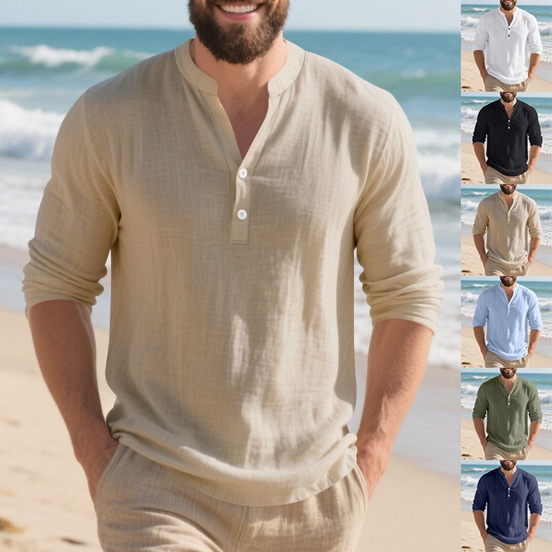 Maglietta a maniche lunghe con scollo a V in lino traspirante per uomo - Vestibilità rilassata, comfort casual, essenziale per l'estate_voghion.com