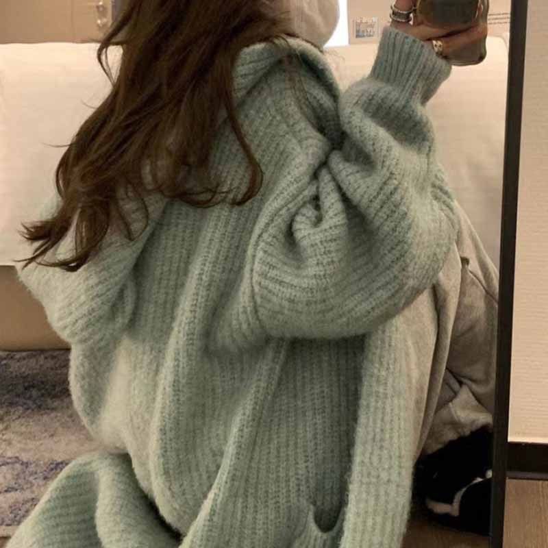 2024 Stile coreano di media lunghezza stile pigro giacca con cappuccio esterno per le donne autunno e inverno pantaloni con grandi tasche a patta cardigan lavorato a maglia largo_voghion.com