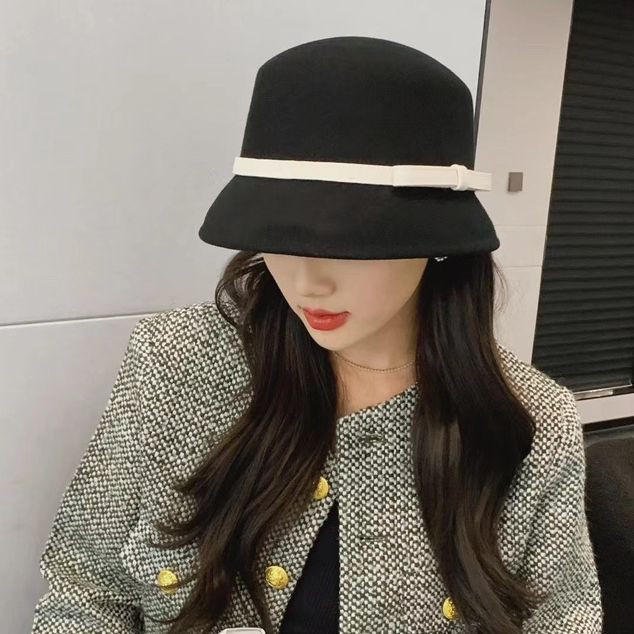 Korean-style Fashionable Bucket-shaped Leather Buckle Women's Autumn And Winter Wool Small Fashionable Casual Felt Hat, Suitable For Shopping_voghion.com