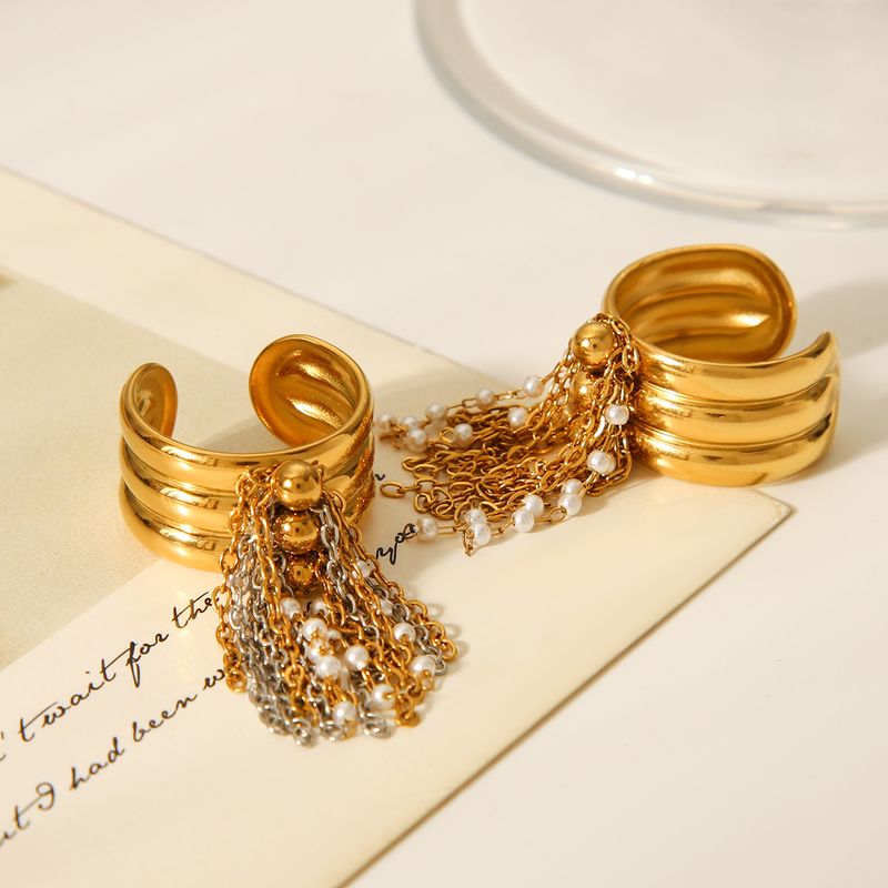 Breiter offener Ring mit Perlenkette und Fransen für Frauen, vergoldeter Edelstahlring, Modeschmuck, Accessoires, Geschenk_voghion.com