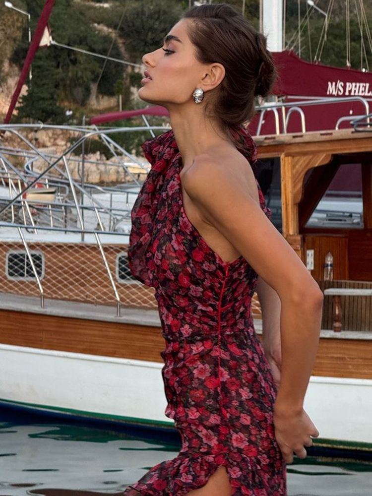 Floral Print Women Midi Dresses Fashion Incline Shoulder Bandage Ruffle Splited Vestidos Female Vacation Street Bodycon_voghion.com