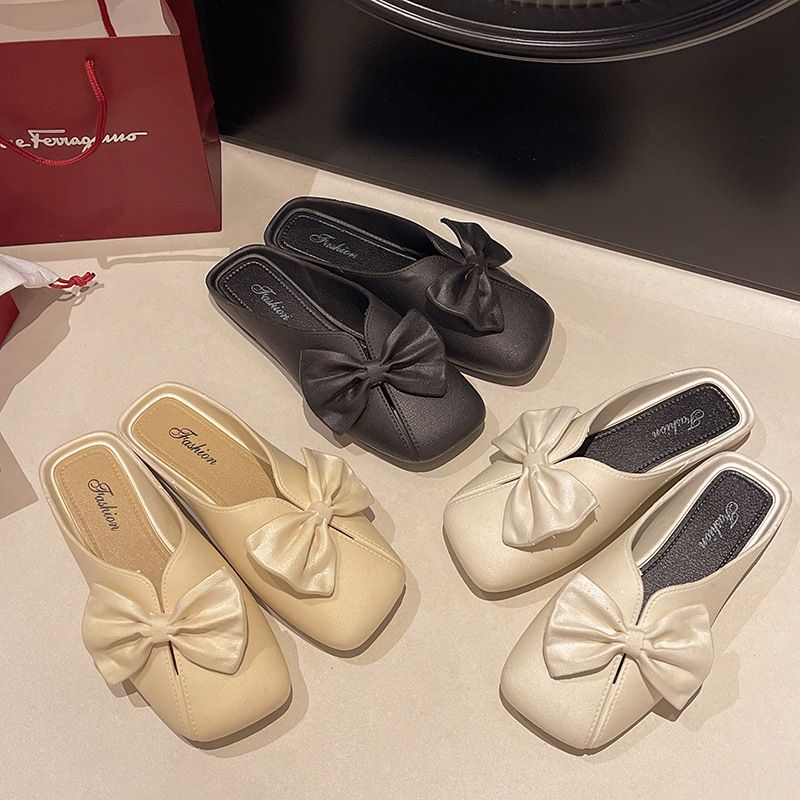 Sandales à nœud papillon Wo, vêtements d'extérieur, nouvelle mode été 2025, pantoufles plates à bout carré de style coréen polyvalentes pour_voghion.com