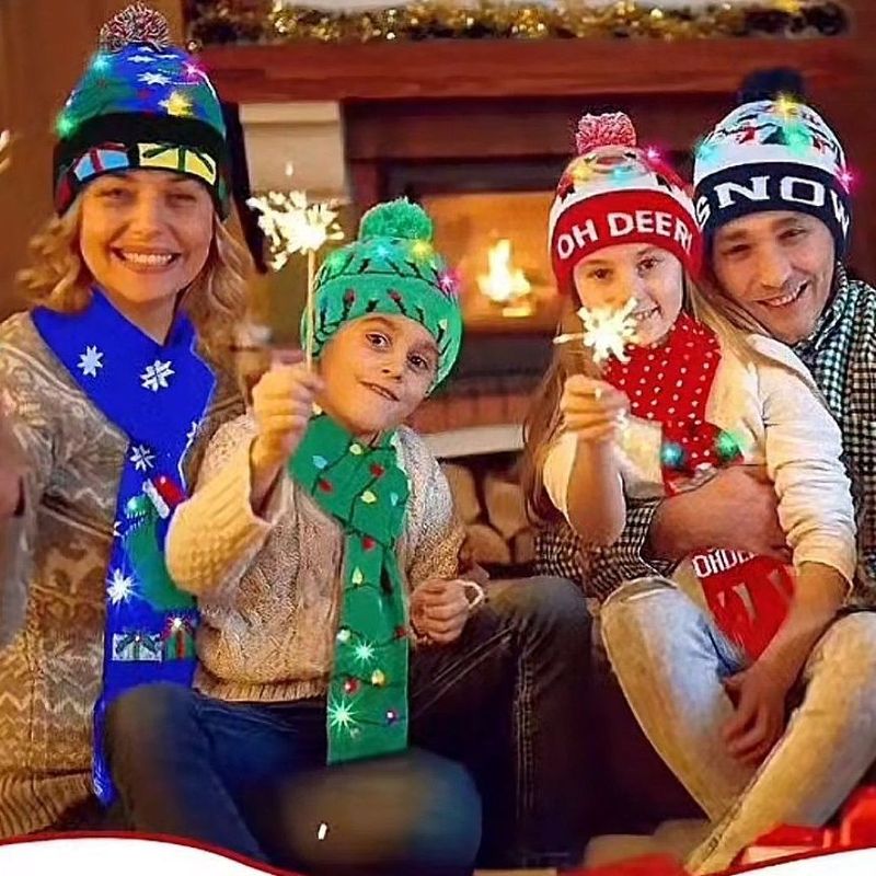Set di sciarpe natalizie di Capodanno con luci, cappello universale per adulti e bambini, caldo filato_voghion.com