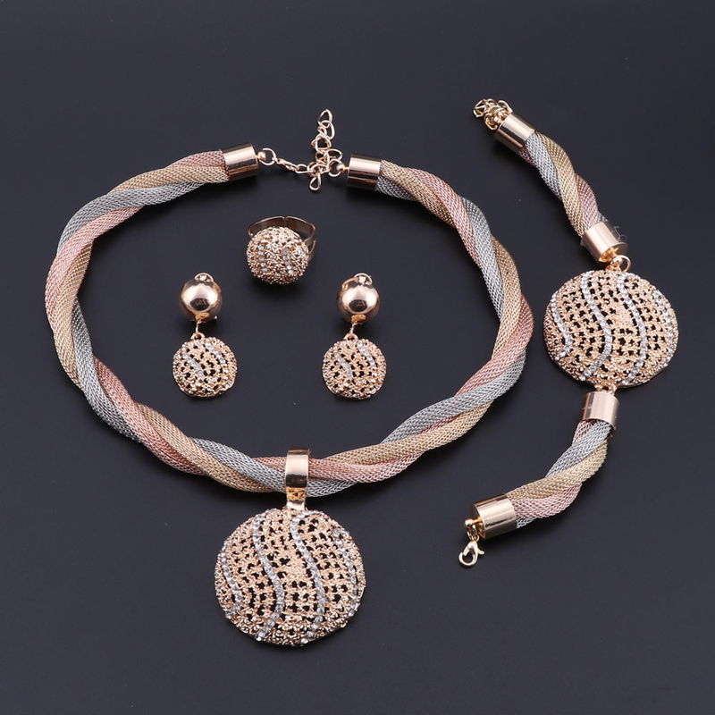Dubai Gold Bunte Halskette Armband Braut Kristall Schmuck Sets Für Frau Ohrringe Ring Party Geschenke Zubehör_voghion.com
