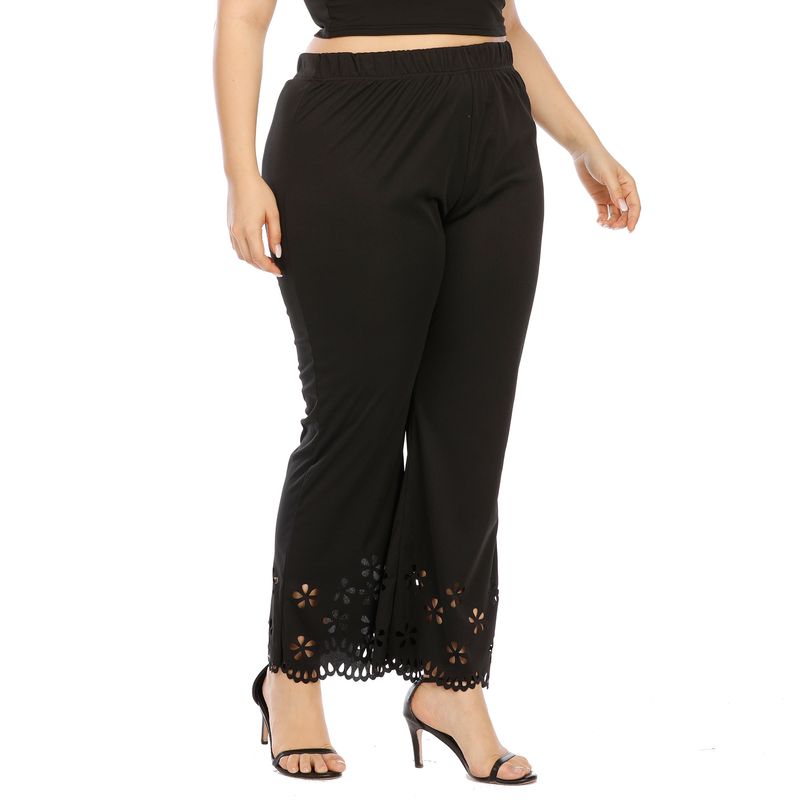 plus size women's hollowed-out burnt flower micro flared straight pants elastic waist casual pants_voghion.com