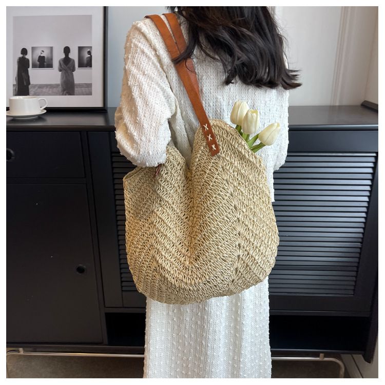 Borsa di paglia Borsa intrecciata Borsa di paglia intrecciata Mori Borsa da spiaggia per donna Borsa da spiaggia intrecciata Borsa a tracolla singola di grande capacità_voghion.com