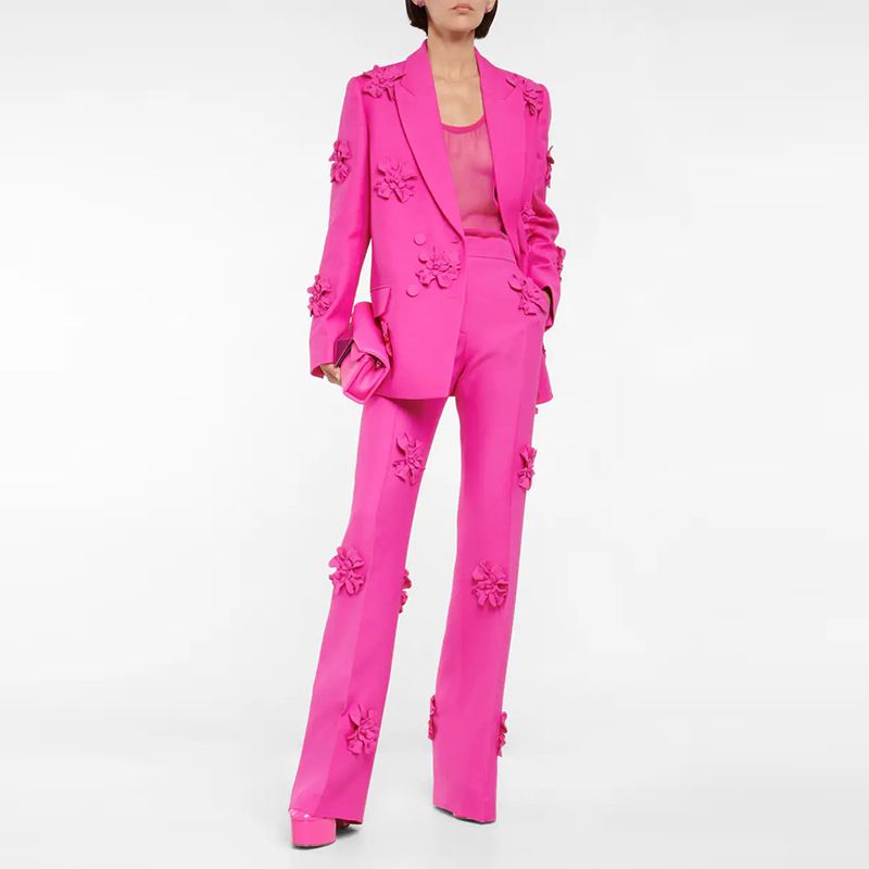 Women's Clothing Suit collar jacket micro-cropped pants three-dimensional floral embellishment suit_voghion.com