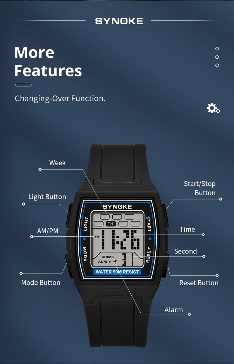 SYNOKE Sport elektronische Uhr Herren multifunktionale quadratische Retro leuchtende wasserdichte Outdoor-Studentenuhr_voghion.com