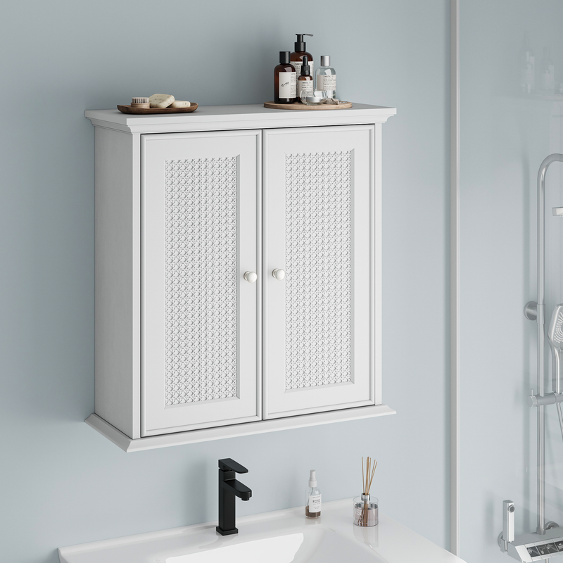 Wandmontierter Badschrank mit Korbtüren, Medizinschrank mit verstellbaren Regalen, Weiß_voghion.com