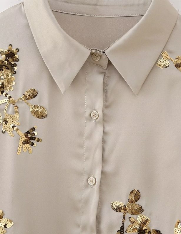 Women's Clothing embroidered sequins long sleeved shirt and trousers suit_voghion.com