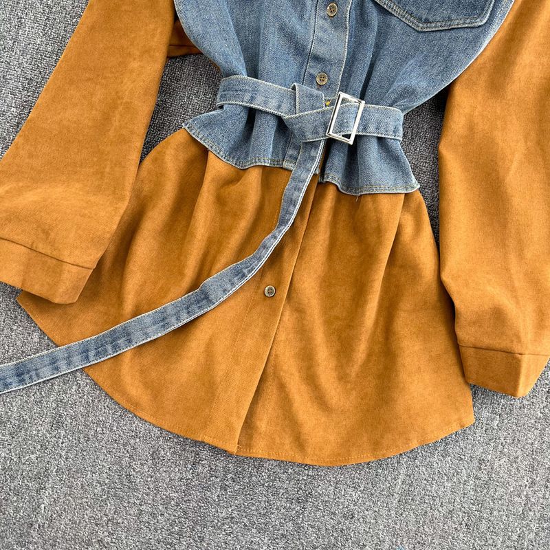 Women's Clothing autumn and winter new retro Hong Kong style temperament single breasted shirt skirt single breasted denim splicing A line dress_voghion.com