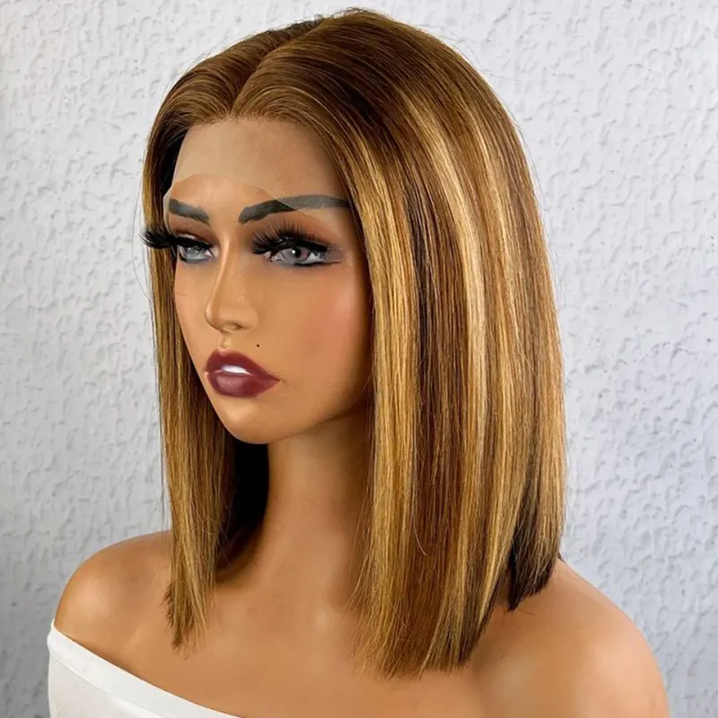 Braune Bob-Perücke, peruanische glatte Spitze vorne, menschliches Haar, rötlich-braune Spitze, Teilperücke_voghion.com