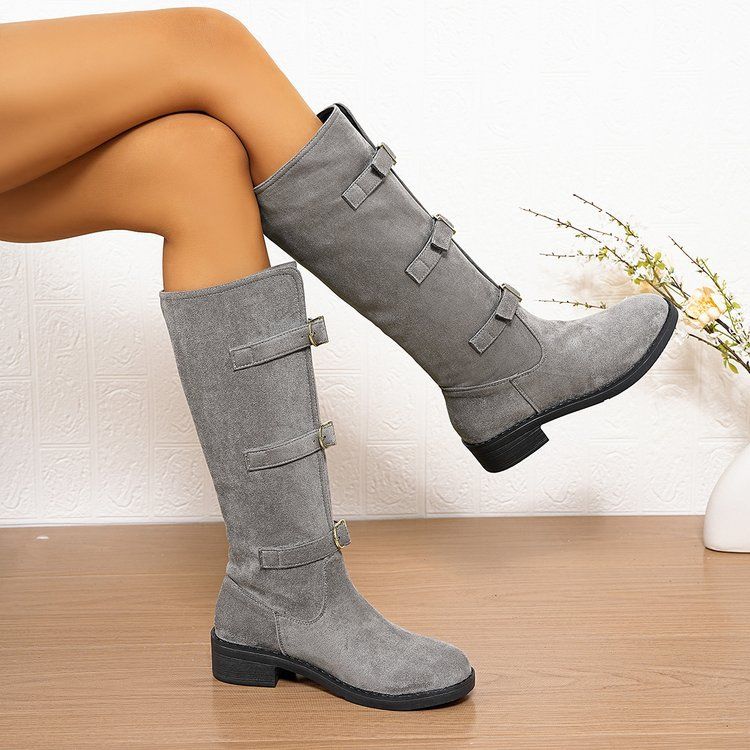 Bottes hautes à talon épais pour femme, mollet large, avec boucle et effet froissé - Daim souple et cuir véritable - Bottes à bout rond et talon mi-haut_voghion.com