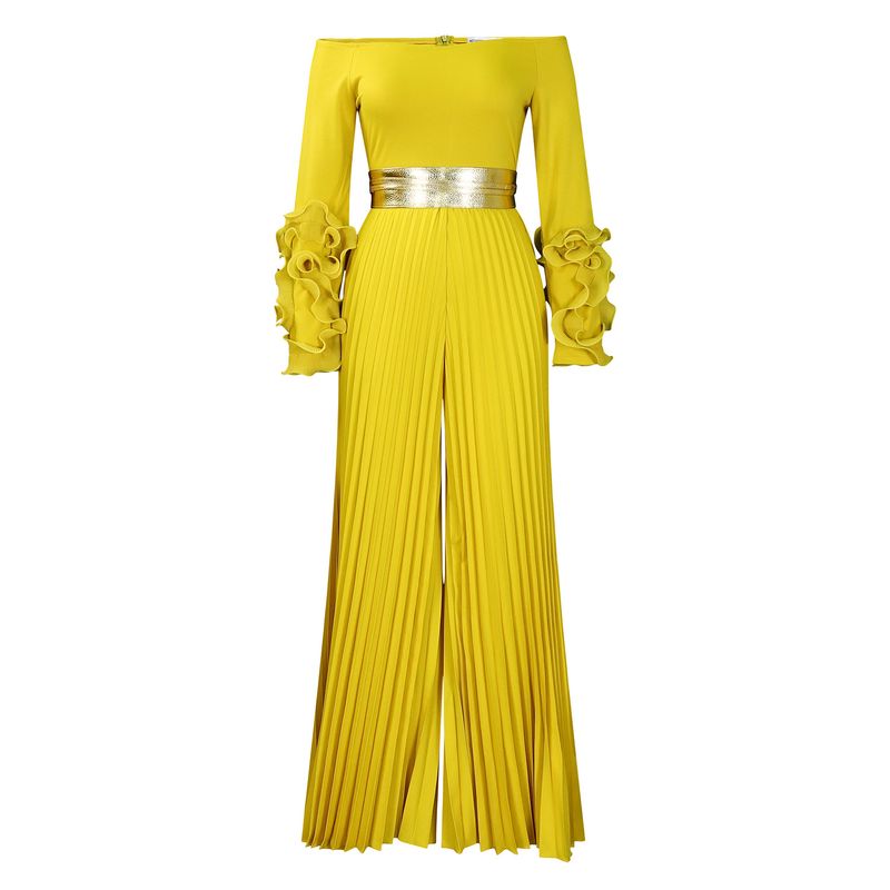 Dameskleding Nieuwe mode Een schouder Ruffle mouw Effen kleur Geplooide wijde pijpen Jumpsuit_voghion.com