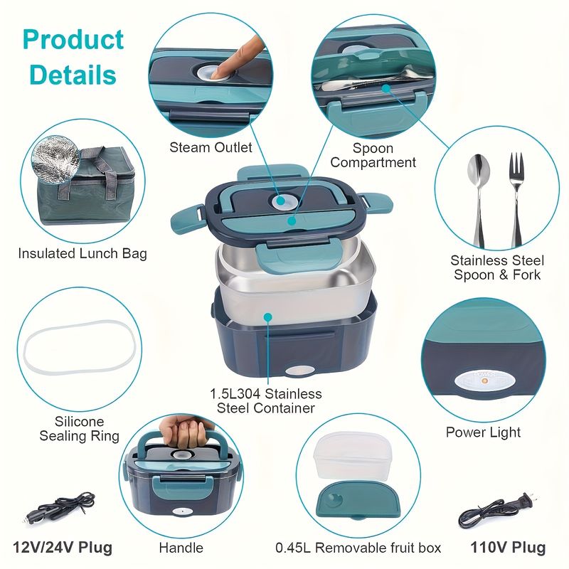Portable Electric Lunch Box 1 8L Faster Food Warmer Self Heating For Car Truck Work Leakproof Removable Container With Cutlery_voghion.com