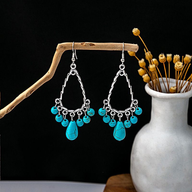 1 Pair Casual Retro Geometric Beaded Alloy Turquoise Drop Earrings_voghion.com