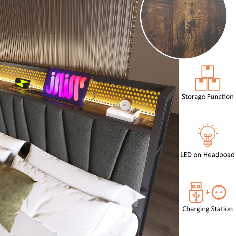 Cadre de lit en métal Polsterbett avec éclairage LED et application de contrôle pour lit double 140 x 200 cm, tête de lit et matelas à chargement USB inclus_voghion.com