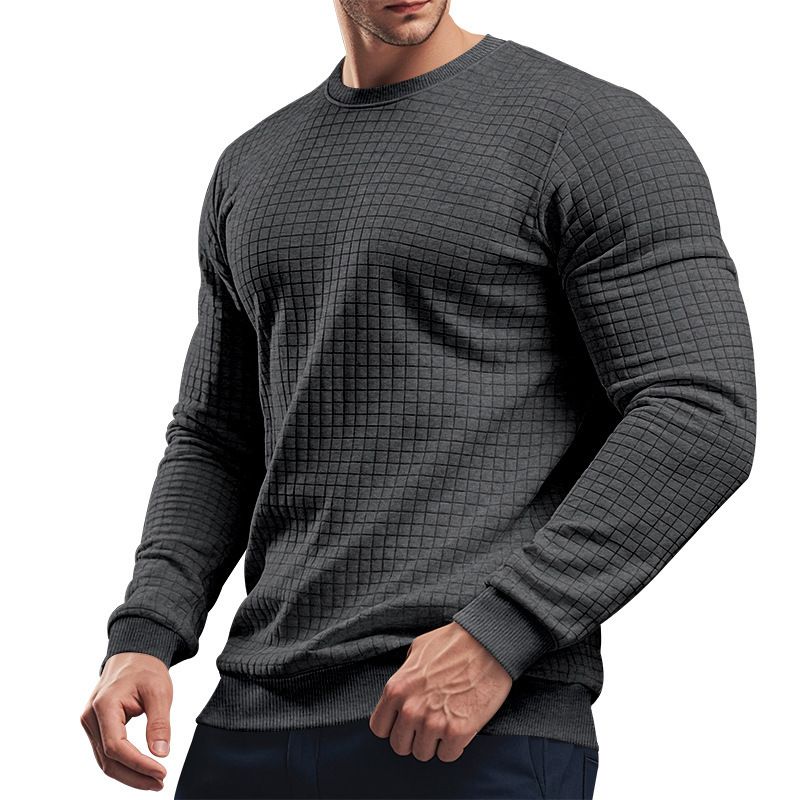 Camiseta de manga larga con estampado de jacquard cuadrado para hombre: transpirable, holgada, informal, de cuello redondo, ligera y para combinar con otras prendas (blanco/gris oscuro)_voghion.com