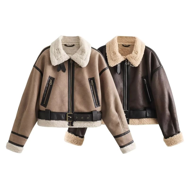Damenbekleidung Kunstpelz Lederjacke Retro Biker Style Kurzmantel Wintermode Oberbekleidung_voghion.com