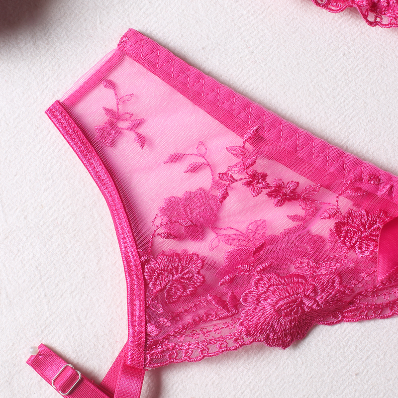 Blumenstickerei-BH-Set, sexy Dessous, Damen, dünn, Push-up-BH, BH + Strumpfbänder + Tanga, 3-teiliges Set, durchsichtige rosa Unterwäsche_voghion.com