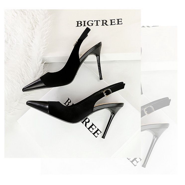 High-heeled women's shoes light velvet with thick suede splicing pointe back hollow back strap single shoes_voghion.com