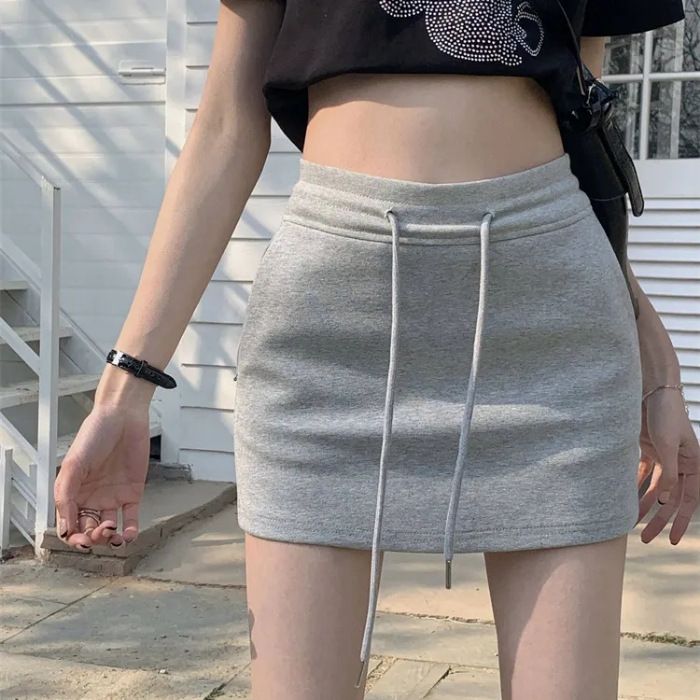 (Lined) Drawstring Short For Women's Summer New Casual Sports Half High Waist Versatile Bag Hip Skirt_voghion.com