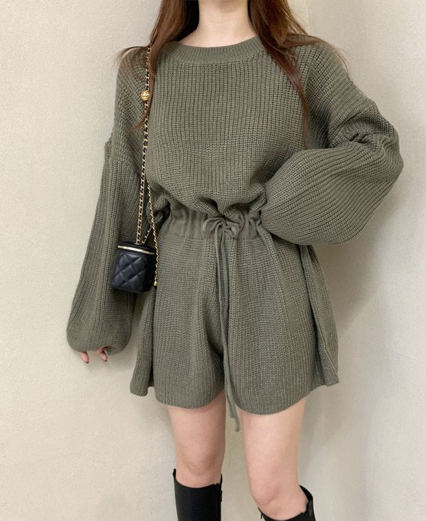 2024 Korean Chic Autumn Round Neck Drawstring Strap Waist Long Sleeve Knitted Wide Leg jumpsuit Shorts for Women_voghion.com