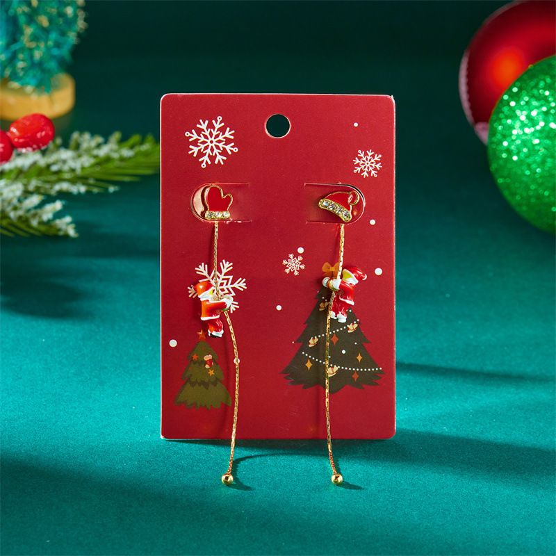 Asymmetrische Weihnachtsohrringe für Frauen, goldfarbene Weihnachtsmann- und Weihnachtsbaum-Ohrhänger, festlicher Weihnachtsschmuck für die Weihnachtsfeier_voghion.com