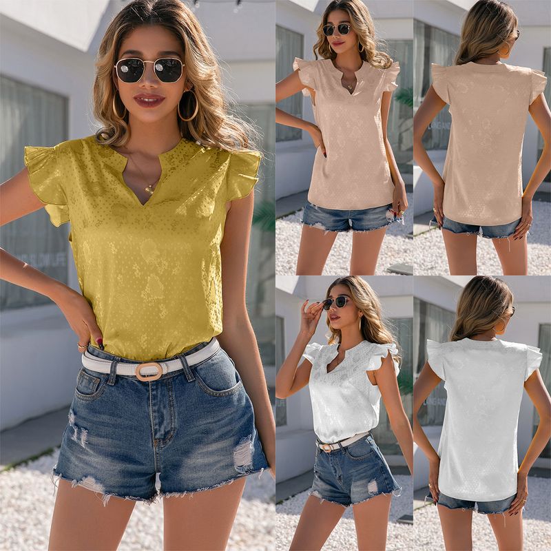 Satin V-neck Ruffle Sleeve Pullover Shirt Top Women_voghion.com