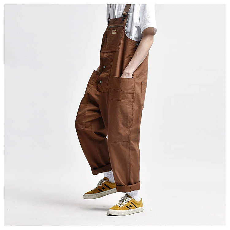 Men's Loose Multi Pockets Cargo Bib Overalls Working Clothing Jumpsuits Jeans Pants Black Military Green Brown T221102_voghion.com