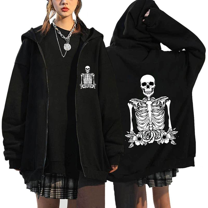 Herrenbekleidung Gothic Couple Zipper Cardigan Jacke Gothic Couple Dark Sternum Zip-Up Hoodie Unisex Oversize Pullover mit Print & geripptem Saum_voghion.com