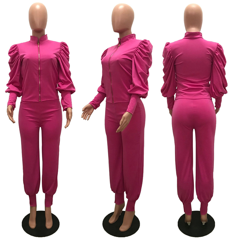 Damenbekleidung Mode Persönlichkeit Design Sinn für einfarbige Blase Ärmel Reißverschluss hoch taillierte Hose zweiteiliger Anzug_voghion.com