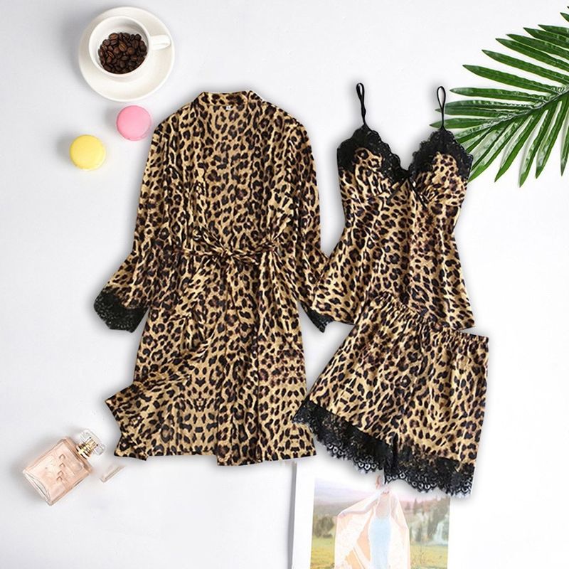 Women's Sleepwears Silk Black Leopard Print Home Clothes Pajamas Set Fashion Lace Pajamas Set_voghion.com