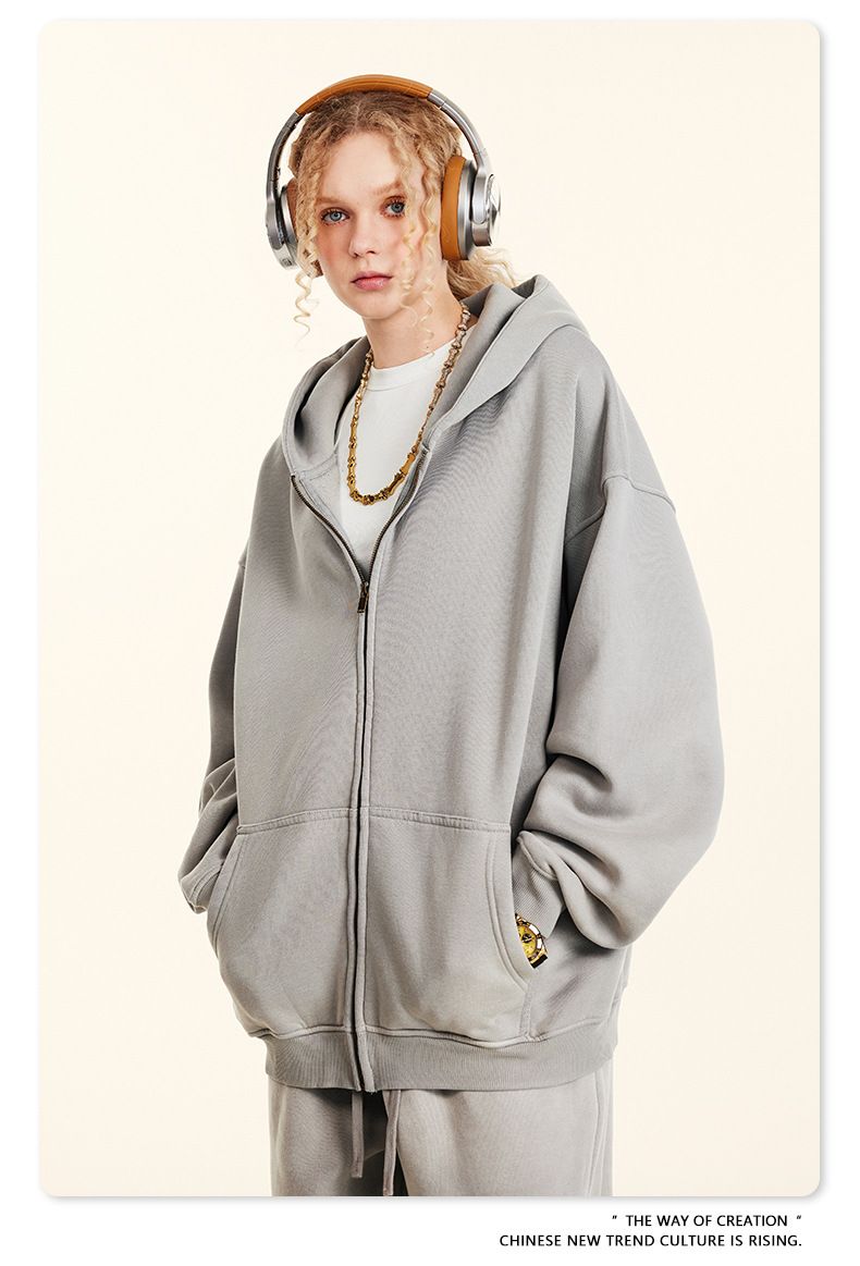 Conjunto de sudadera polar con capucha y cremallera para hombre y pantalón casual recto: conjunto de dos piezas para ropa urbana de invierno._voghion.com