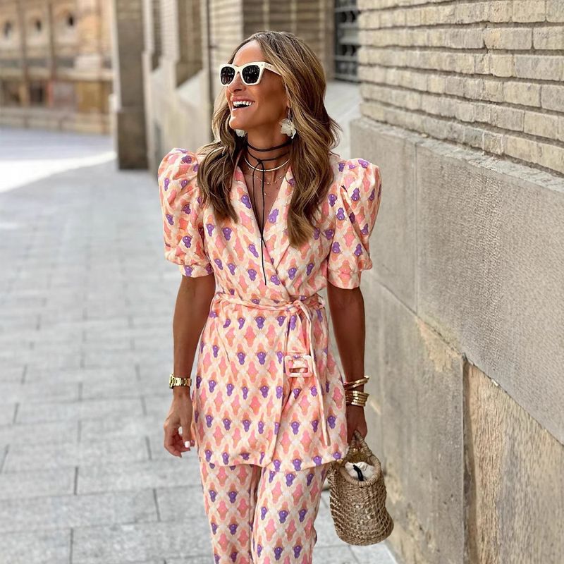 Pantaloni con maniche a lanterna in due pezzi stampati con lacci da donna_voghion.com