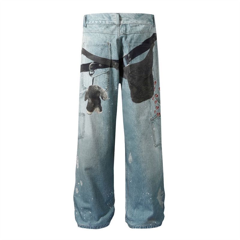 Herenkleding 3D Digitaal Bedrukte Denim Broek Heren Hip Hop Street Trend Gewassen Oude Inkt Spatten Losse Wijde Pijpen Rechte Broek_voghion.com