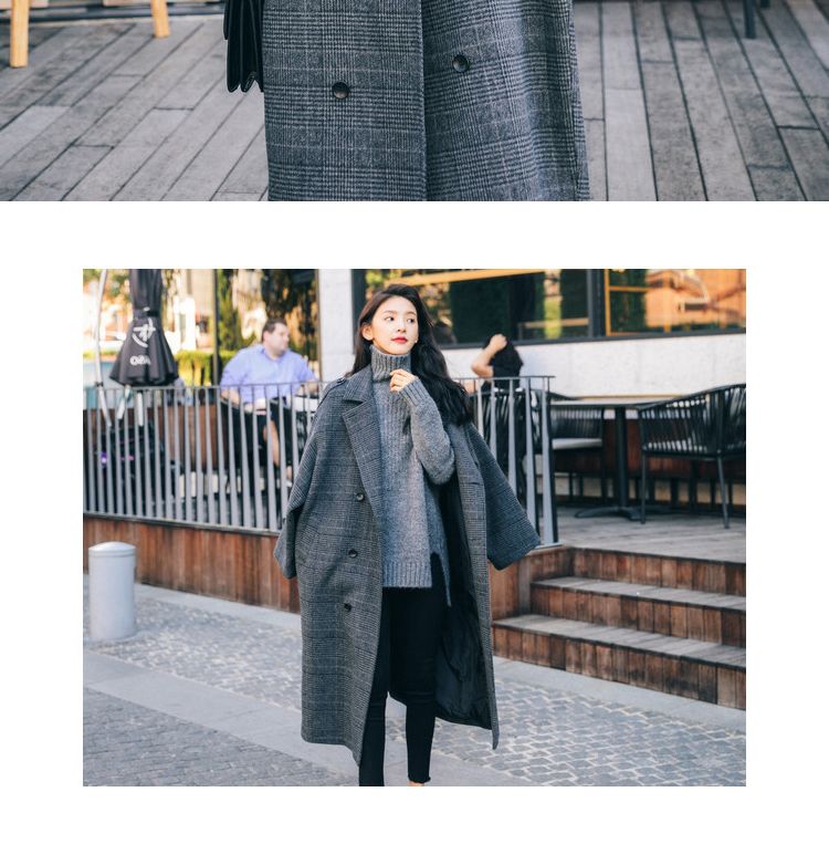 Checkered Women's Long Version Loose 2024 Winter New Item Student Knee High Chic Woolen Coat_voghion.com