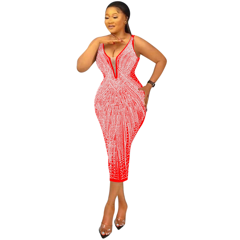 Abbigliamento da donna bretelle alla moda abito sexy con diamanti caldi con scollo a V attillato per le donne_voghion.com