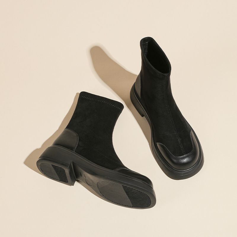 Botas femininas de camurça estilo coreano, bico redondo, meia curta, sola grossa, plataforma, elástica, slim, outono inverno, novas botas Martin_voghion.com