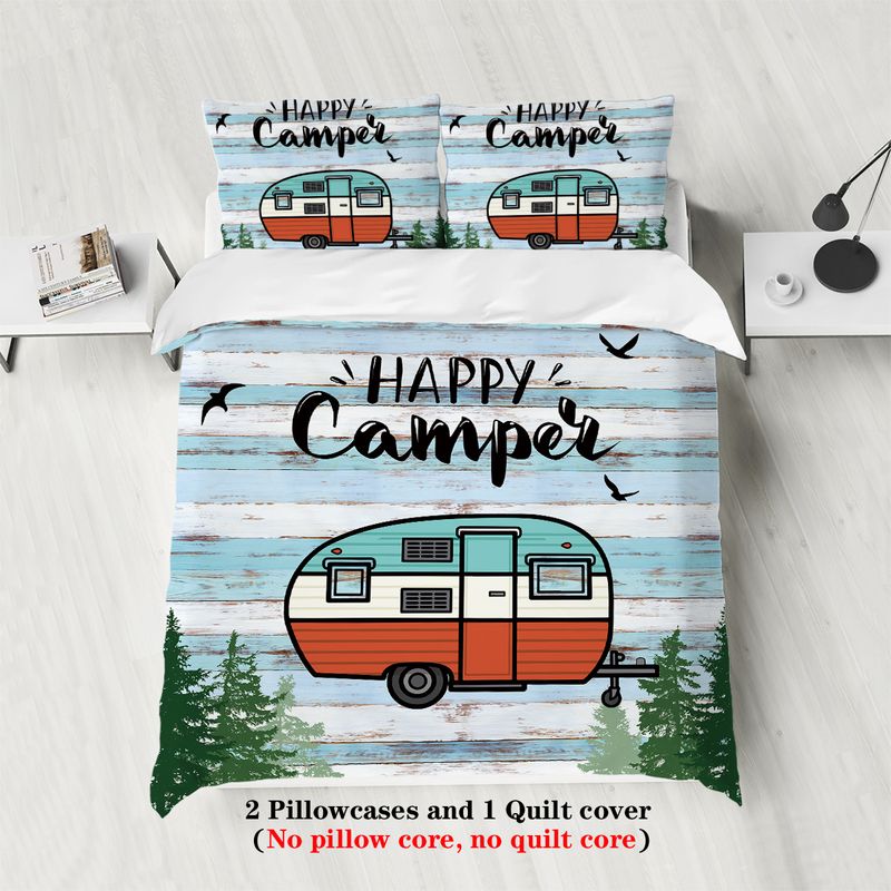 Set di biancheria da letto da 3 pezzi, stampa Happy Camper e Forest, set di piumoni, letto matrimoniale, king size, matrimoniale, divertimento per le feste e biancheria da letto creativa_voghion.com