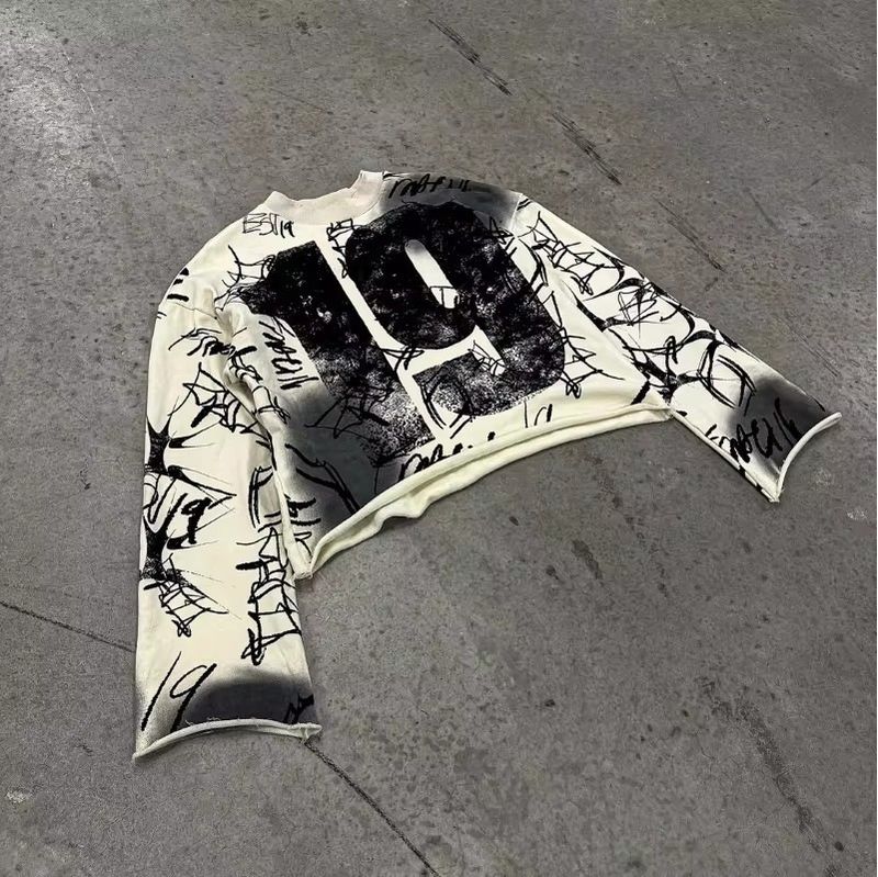 Numéro 19 Street Terry Cotton Hip-Hop Gothic Loose Y2K Ras du cou Manches longues Style vieilli Vêtements_voghion.com