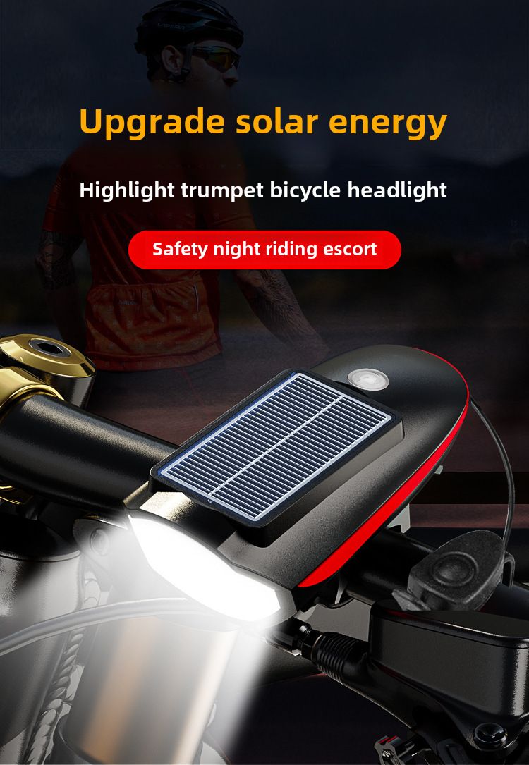 7588 Solar Rechargeable Bicycle Front Light Horn Light Mountain Bike Night Riding Light USB Charging Outdoor_voghion.com