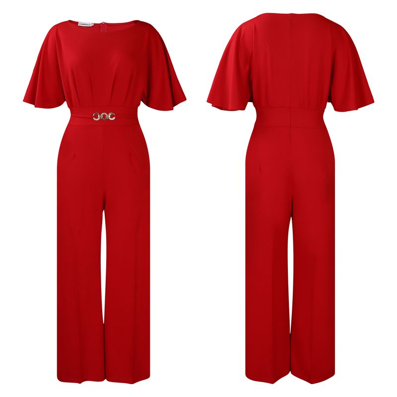 Roupas femininas moda verão feminina gola redonda cor sólida cintura alta tamanho grande perna larga macacão_voghion.com