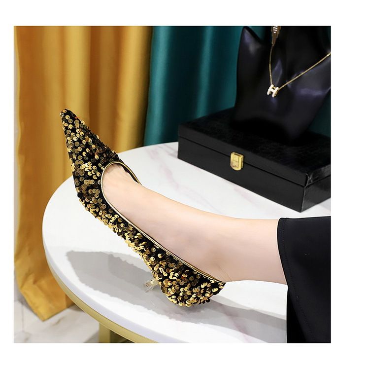 Glitzernde High Heels mit spitzer Zehenpartie für Damen – Elegante Partyschuhe mit niedrigem Schnitt und Glitzerstoff und bequemem Mittelabsatz für Frühling und Herbst_voghion.com