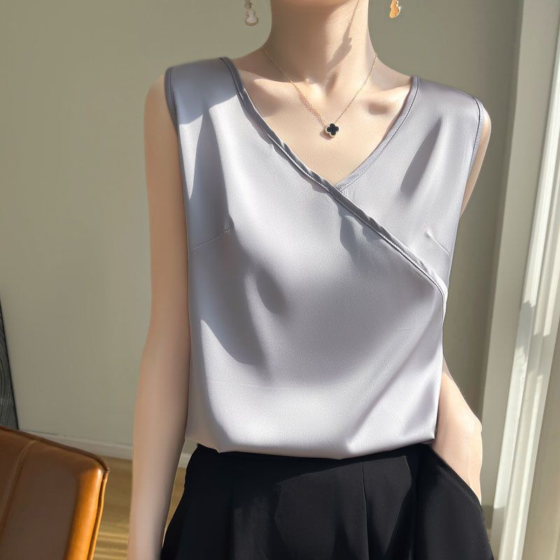 25 Nuove Canottiere Estive da Donna con Scollo a V e Interno in Raso di Seta, Senza Maniche, Larghe_voghion.com