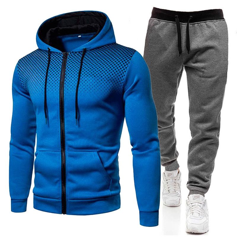 Autumn Winter Fleece Polka Unisex Sports Hoodie Dot Men Solid Color Zipper Sweatshirt Sweatpants Set_voghion.com