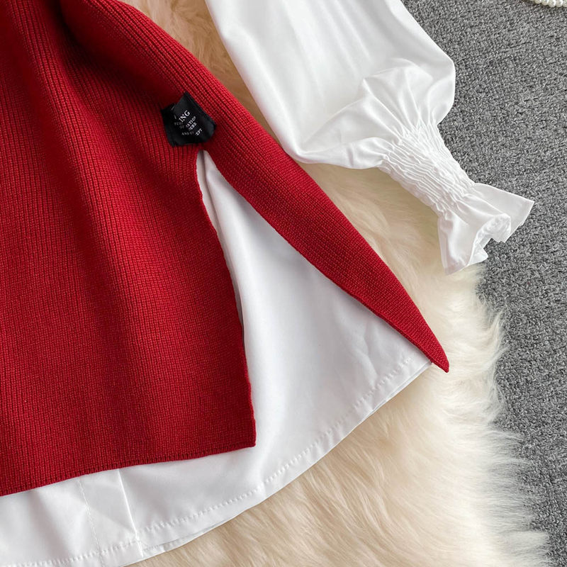 K Long-sleeved Suit With White Shirt, Sweater, Waistcoat, Age-reducing Loose Knitted Vest, Two-piece Set For Women_voghion.com